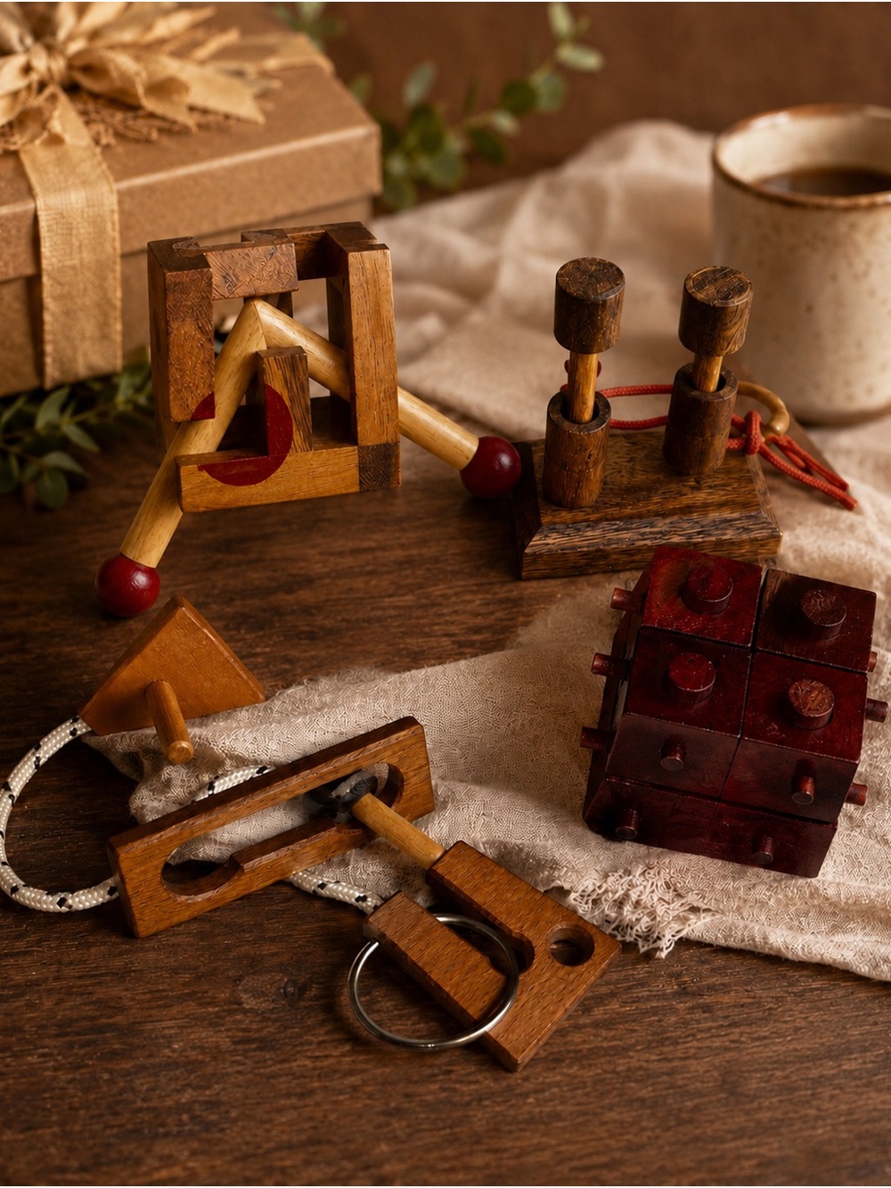 Wooden Puzzle Set - Brown and Red Home Accent